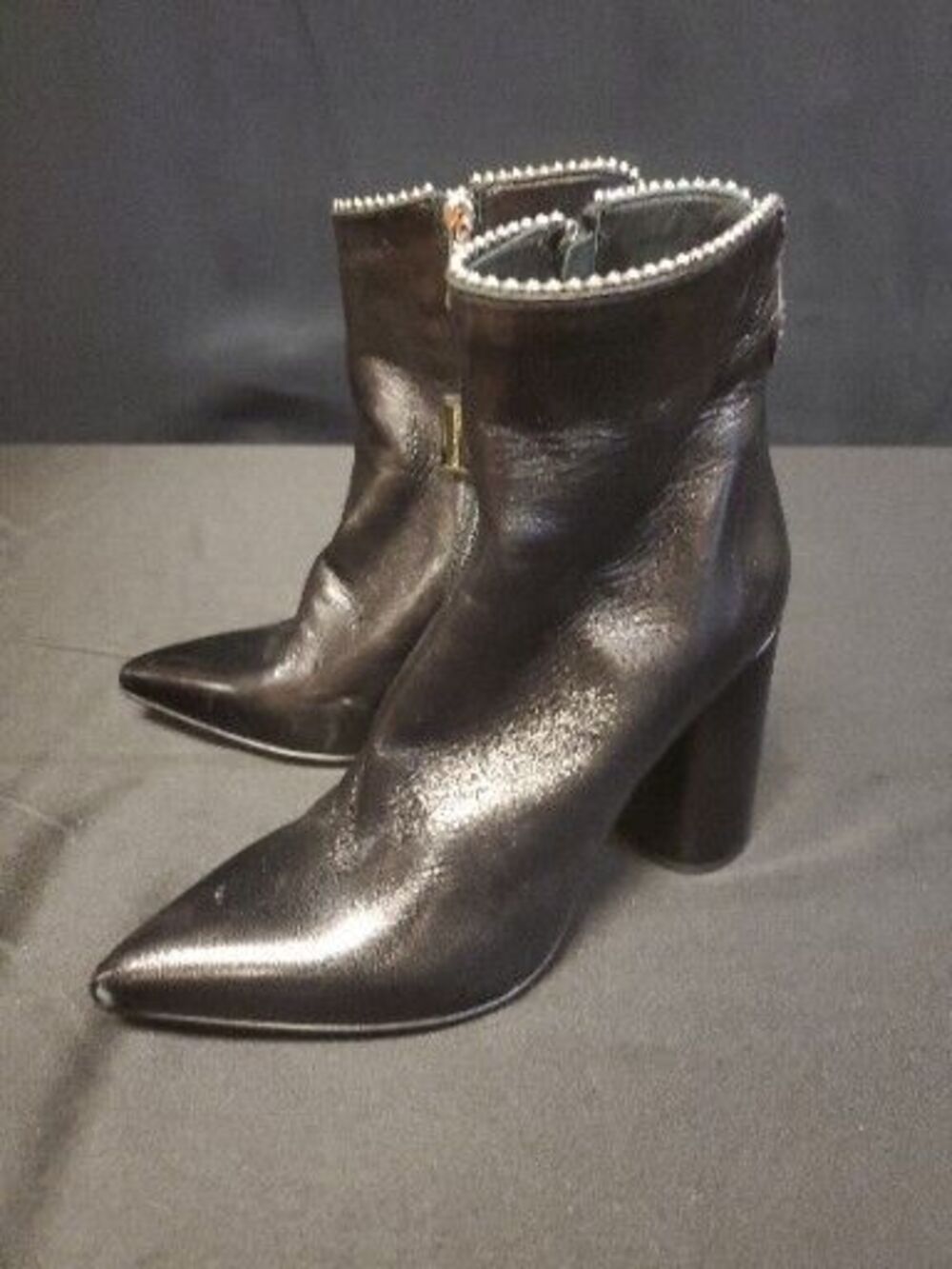 MA&LO Black Leather Studded Cuff Block Heel Bootie Boots 37 US 6.5 NWOT